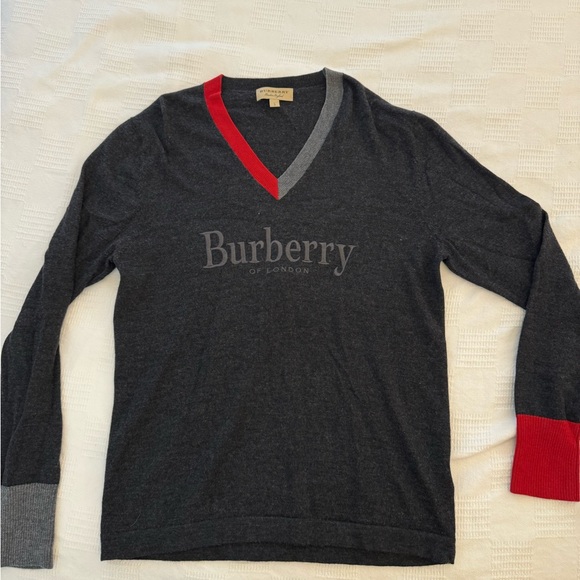Burberry Embroidered Logo Merino Wool V-neck Sweater - Picture 2 of 5